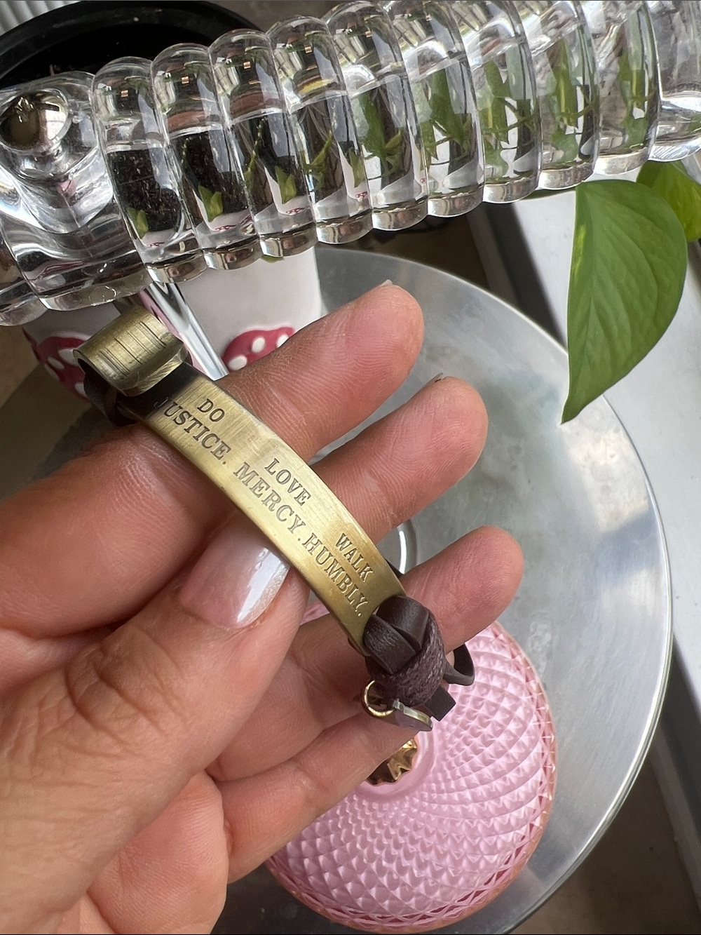 Brown Leather Bracelet with Brass Plate - Inspirational Engraving